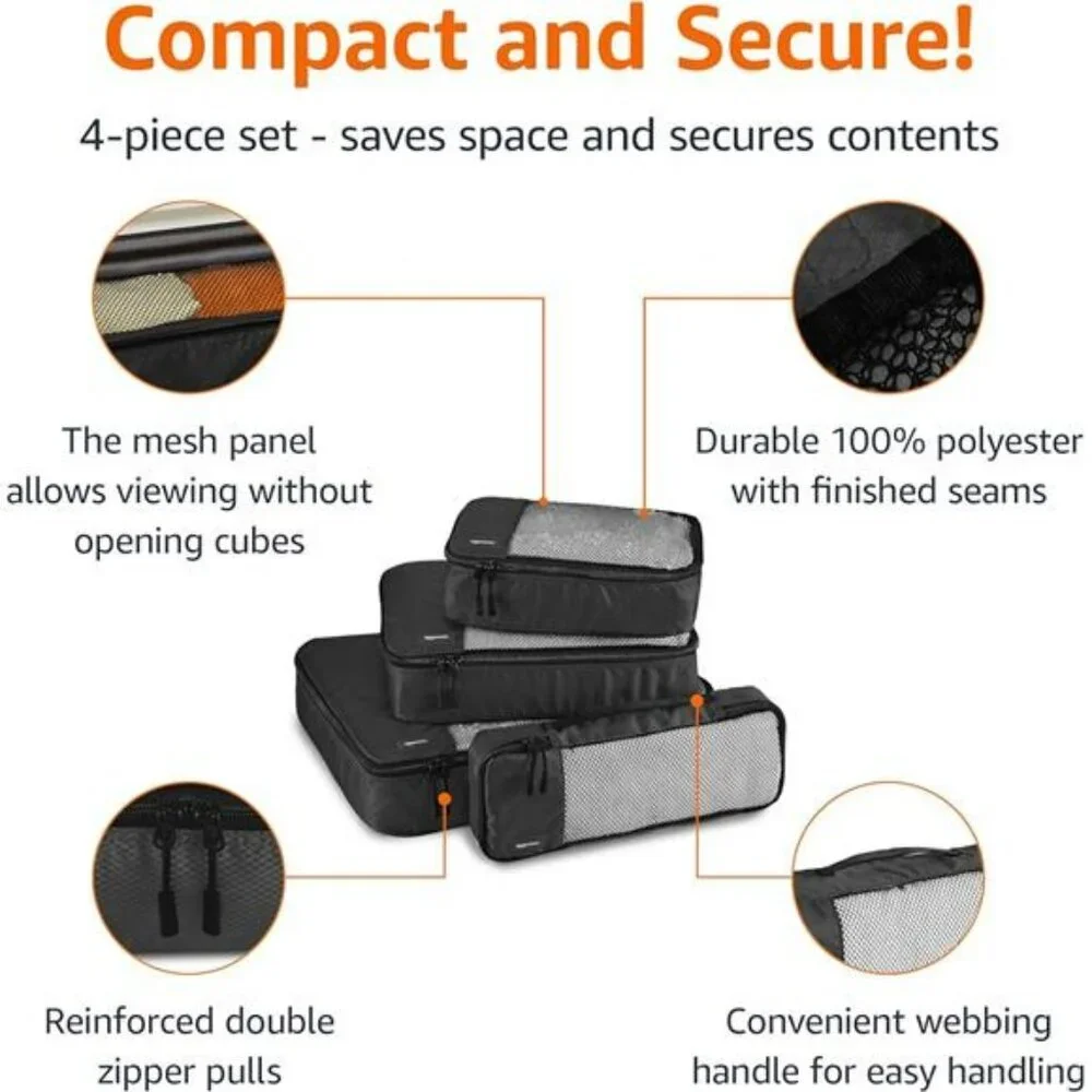 Lightweight packing cubes travel organizer set mesh luggage bags 4 piece black